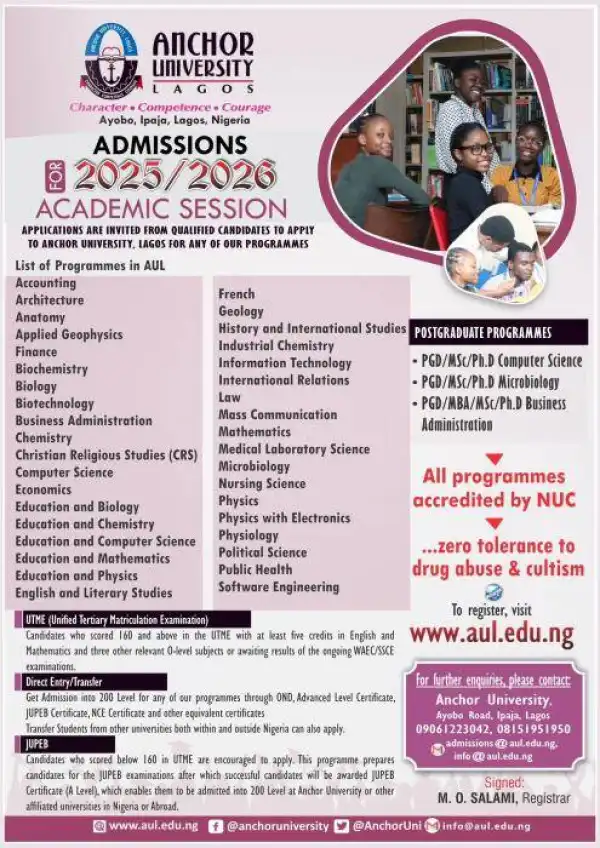 Anchor University Post-UTME/DE 2025: Eligibility and Registration details