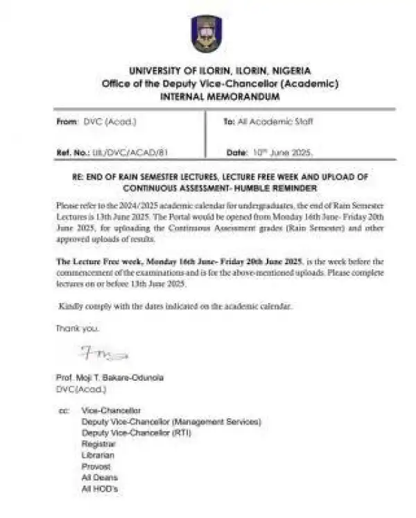 UNILORIN update on end of rain semester lectures, upload of CA and lecture-free week