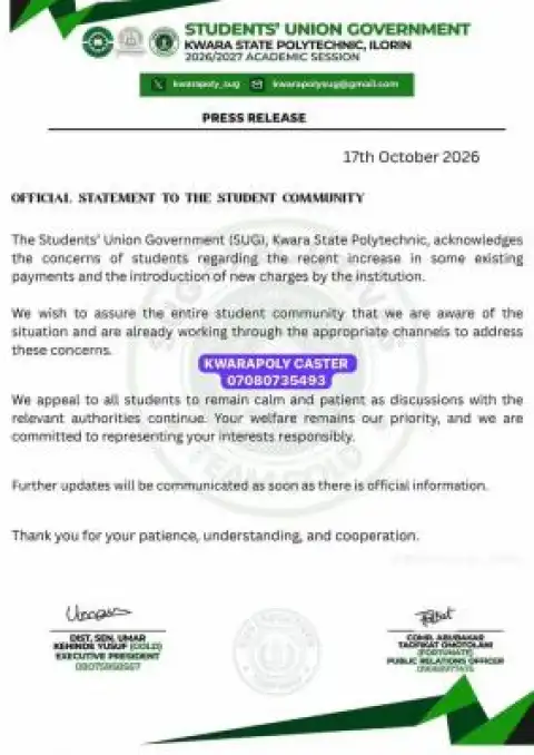 Kwara Poly notice to students on the recent increase of fees