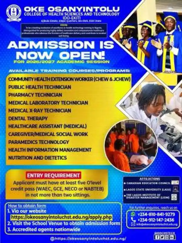 Oke Osanyintolu College of Health Sciences and Technology Applications for 2026/2027 Session