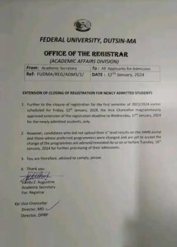 FUDutsin-ma notice on extension of new students