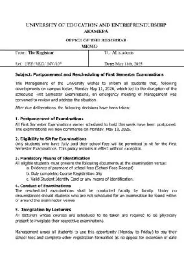University of Education & Entrepreneurship, Akamkpa reschedules first semester exam