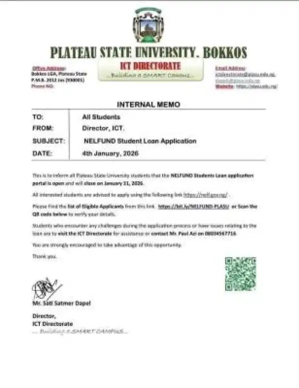 PLASU urges students to Apply for NELFUND Loans Before January 31 Deadline