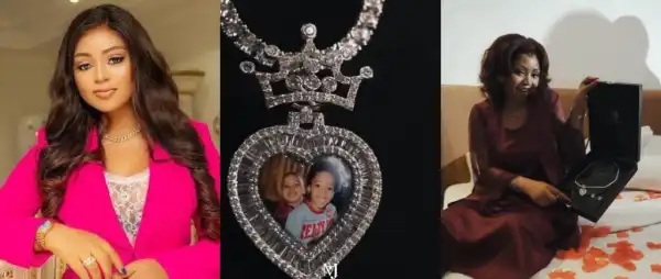 Regina Daniels Shows Off Custom Jewelry With Sons’ Pictures