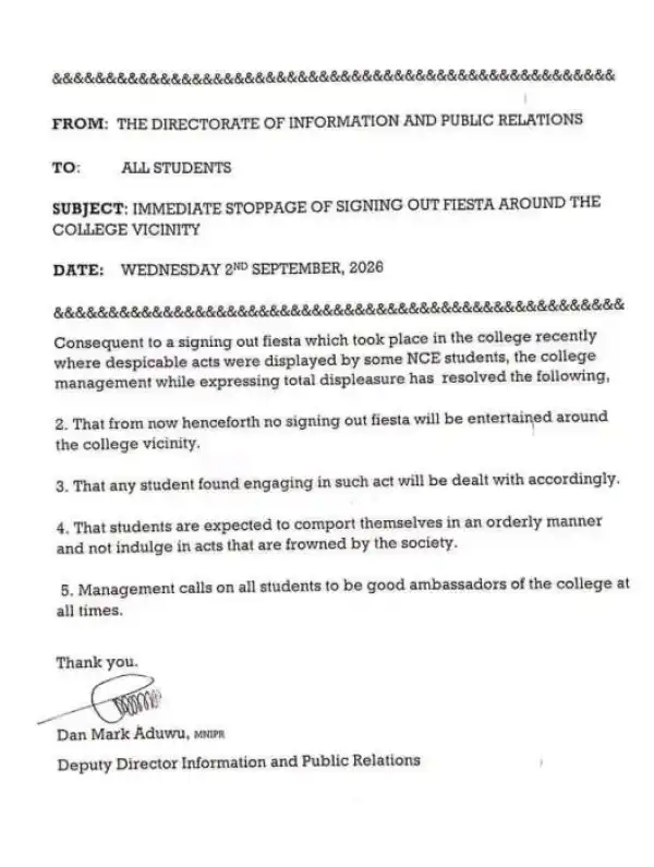 Kaduna State College of Education bans sign-out celeberations on Campus