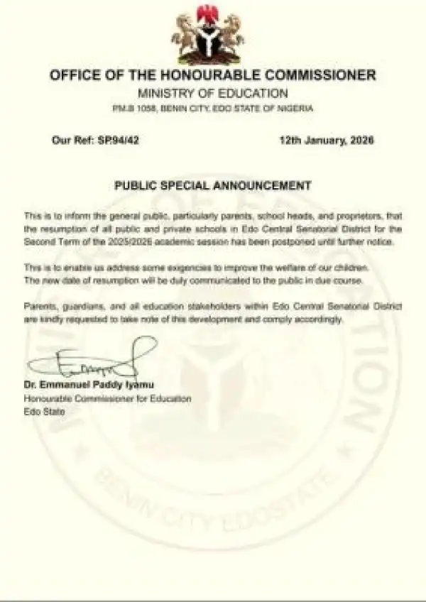 Edo State Ministry of Education Postpones Second-Term Resumption in Edo Central