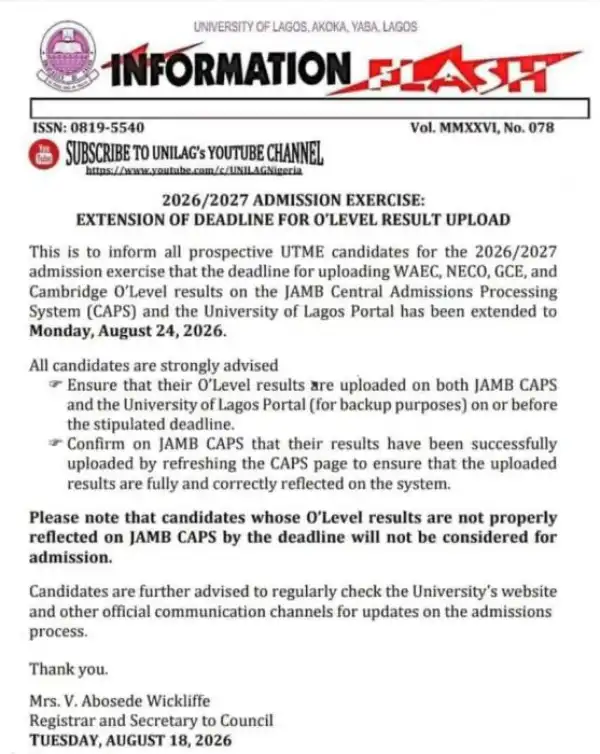 UNILAG extends deadline for O