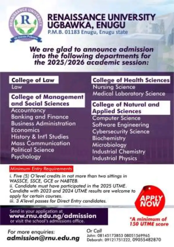 Renaissance University Post-UTME 2025: Cut-off mark, Eligibility and Registration Details