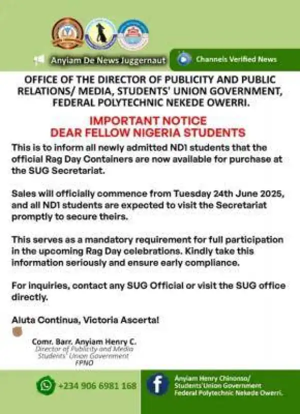 Federal Polytechnic, Nekede issues important notice to ND I students
