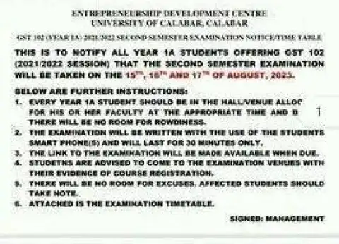 UNICAL notice to Year 1 students on GST examination, 2021/2022