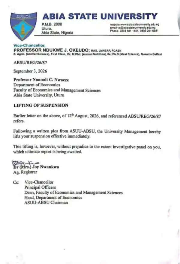 ABSU lifts suspension of Prof. Nnamdi C. Nwaeze