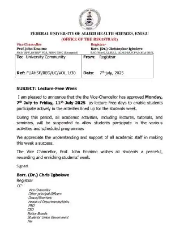 Federal University of Allied Health Sciences, Enugu declares lecture free week