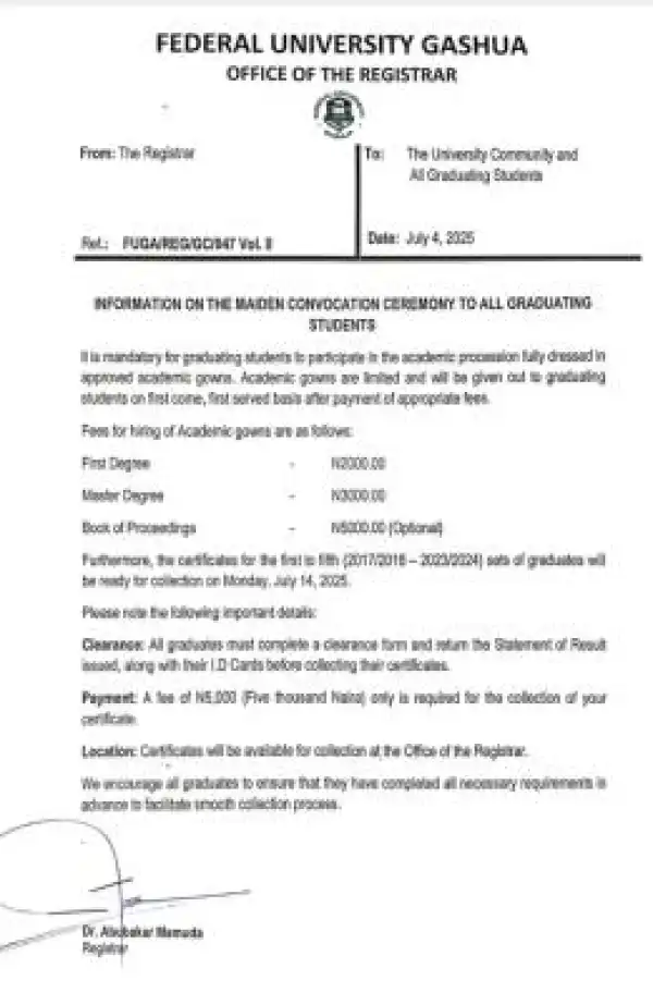 FUGASHUA issues notice to graduating students on collection of academic gowns