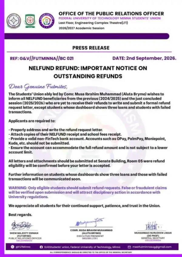 FUT Minna SUG notice on NELFUND refund process for outstanding beneficiaries