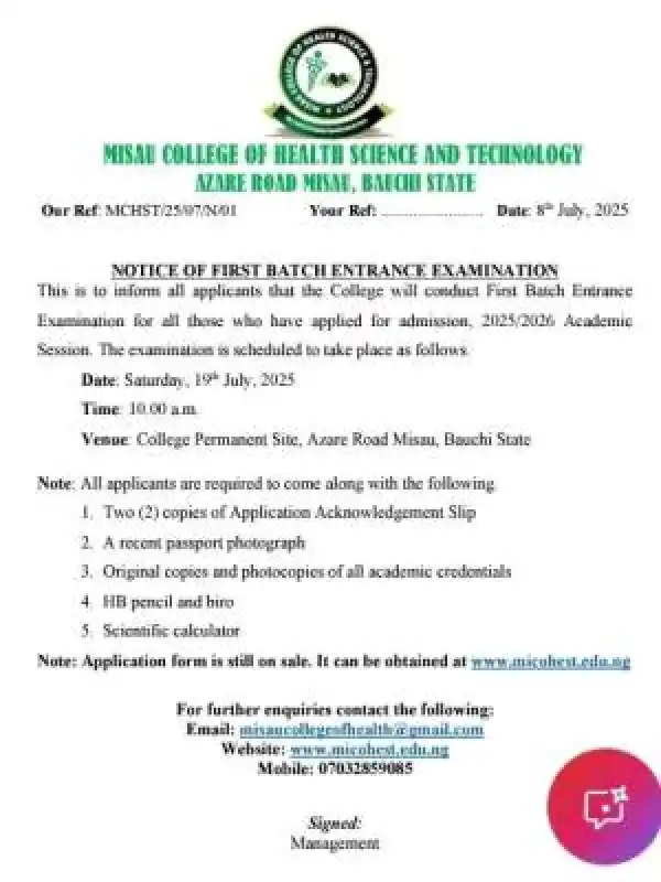 Misau College of Health Sciences & Tech. announces Batch A entrance exam date, 2025/2026
