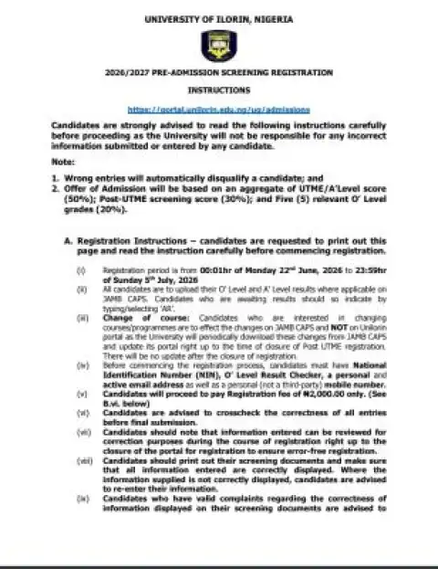 UNILORIN Post-UTME/DE 2026: Cut-off mark, Eligibility and Registration Details