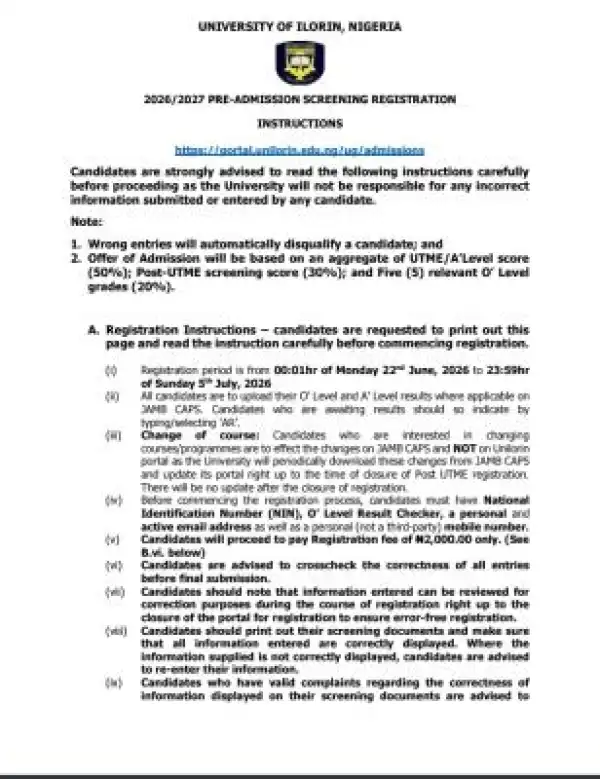 UNILORIN Post-UTME/DE 2026: Cut-off mark, Eligibility and Registration Details