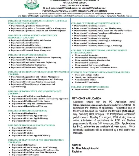 FUNAAB Postgraduate Admission form, 2026/2027
