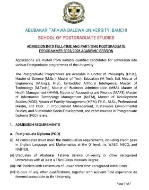 ATBU Postgraduate Admission form, 2025/2026