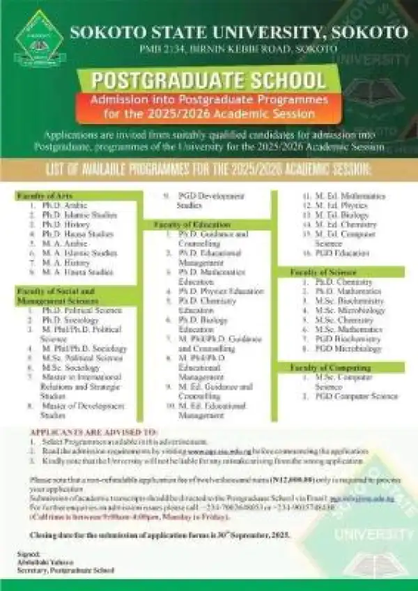 Sokoto State University Postgraduate Admission form, 2025/2026
