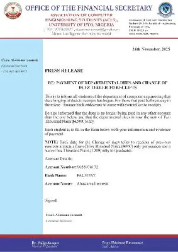 UNIUYO Computer Engineering department notice on payment of departmental dues