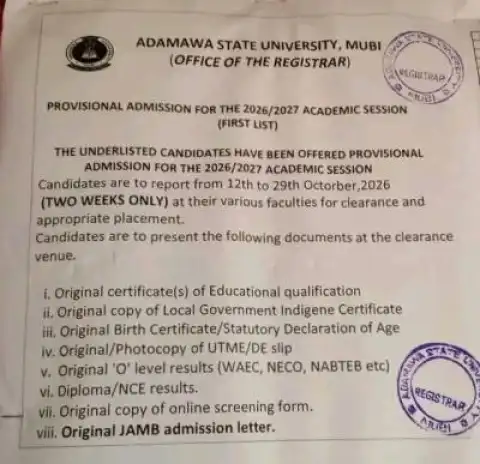 ADSU notice on clearance for new students, 2026/2027