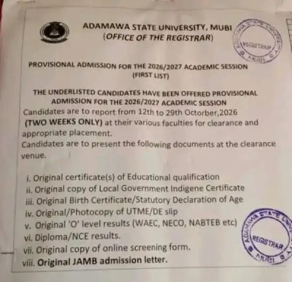 ADSU notice on clearance for new students, 2026/2027