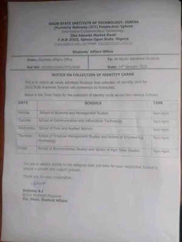 Ogun State Institute of Technology begins ID card collection for new students