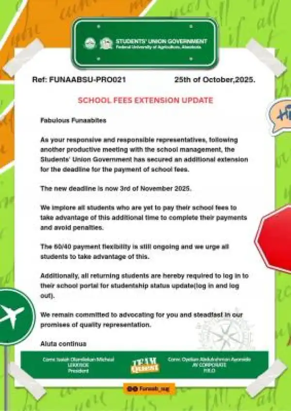 FUNAAB SUG notice on extension of deadline for school fees payment
