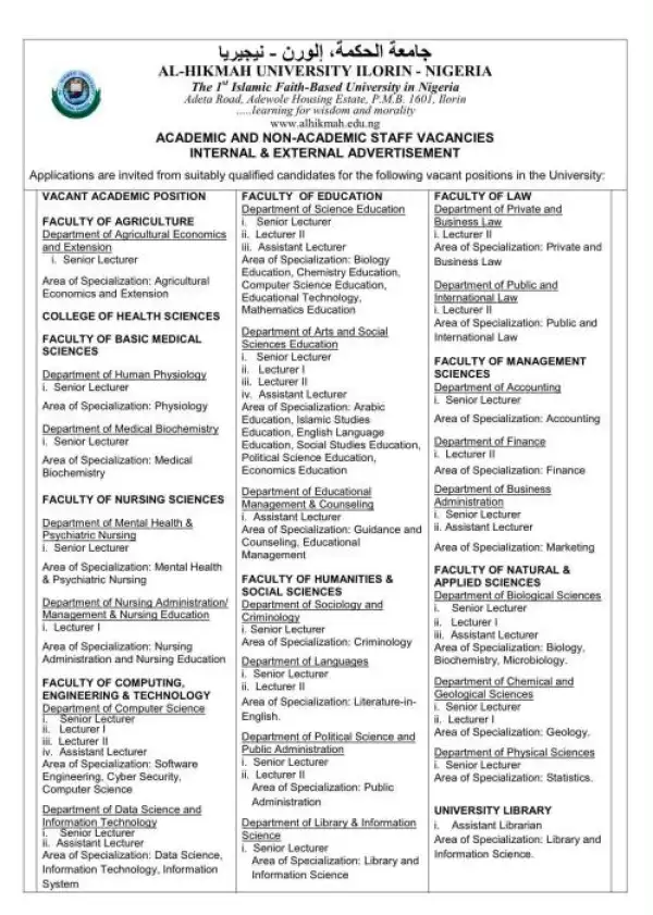 Al-Hikmah University Announces Academic and Non-Academic Staff Vacancies