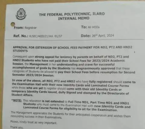 Fed Poly Ilaro approval for extension of school fees payment for ND2, PT2 & HND2, 2023/2024