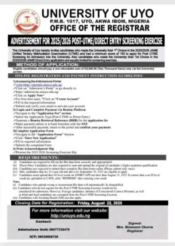 UNIUYO Post-UTME/DE 2025: cut-off mark, eligibility, and registration Details