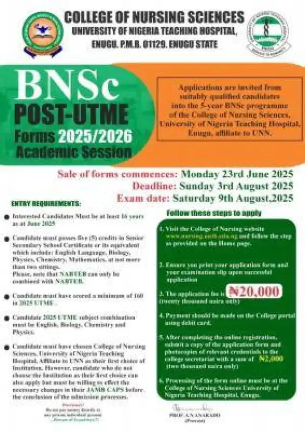 UNTH College of Nursing BNSc Nursing Admission form, 2025/2026