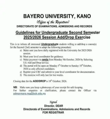 BUK notice on guidelines for udergraduate 2nd semester add/drop exercise 2025/2026