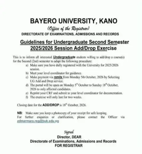 BUK notice on guidelines for udergraduate 2nd semester add/drop exercise 2025/2026