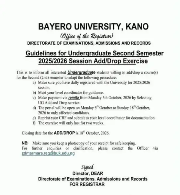 BUK notice on guidelines for udergraduate 2nd semester add/drop exercise 2025/2026