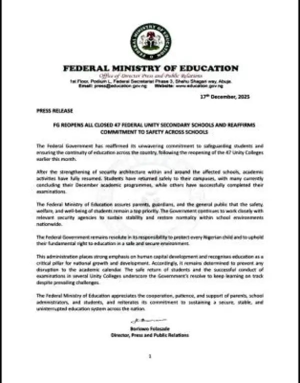 FG reopens Federal Unity Secondary schools, reaffirms commitment to students
