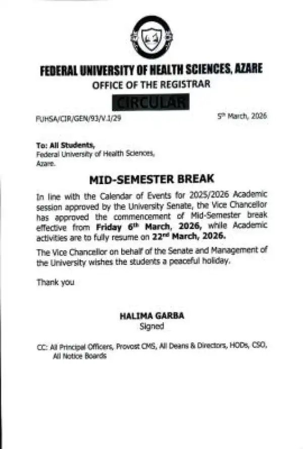 Federal University of Health Sciences, Azare announces Mid-Semester break
