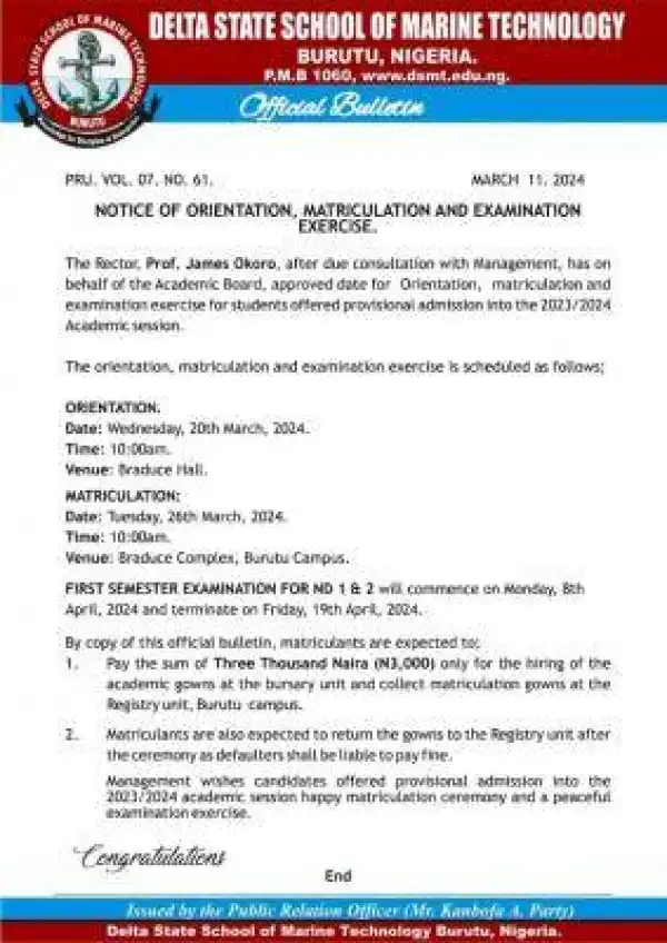 Delta State School of Marine Tech. notice on orientation, matriculation & exams, 2023/2024