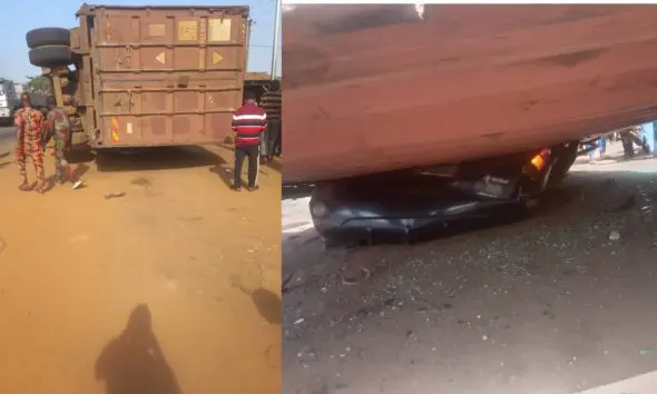 Oyo: Couple escapes death as container crushes their vehicle