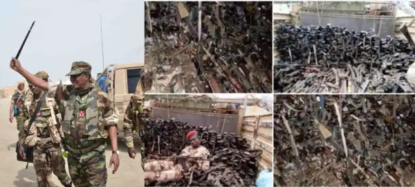 Nigerian soldiers spotted hailing soldiers from Chad as their President lead them to war against Boko Haram, see stash of arms recovered (videos/photos)