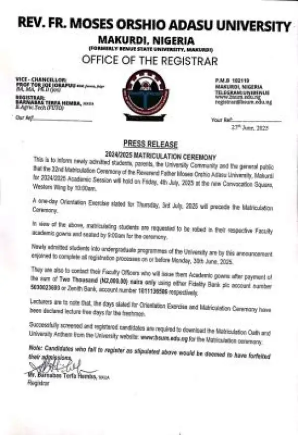 BSU announces date for Orientation & 32nd Matriculation Ceremony