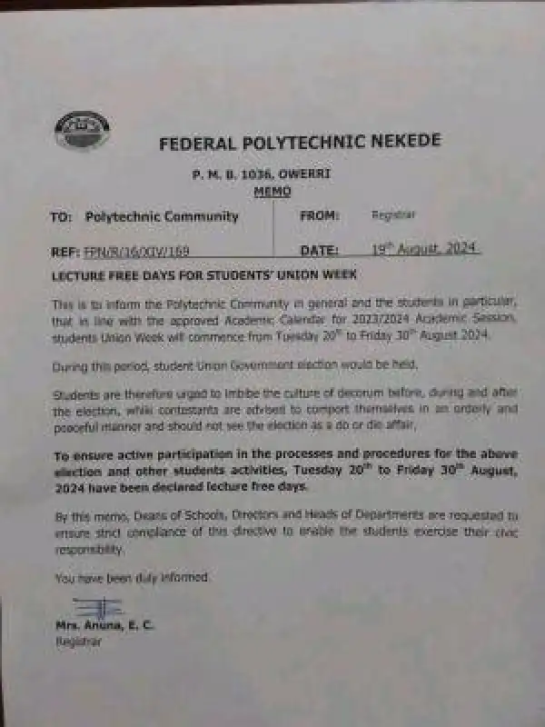 Fed Poly Nekede announces lectures free days for student