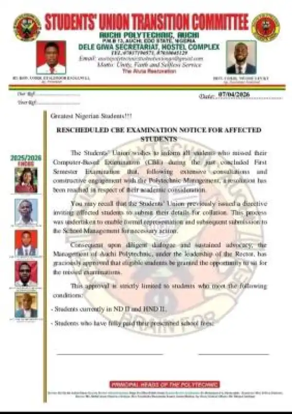 Auchi Poly Students Union notice on rescheduling of missed CBE examination for Final Year students