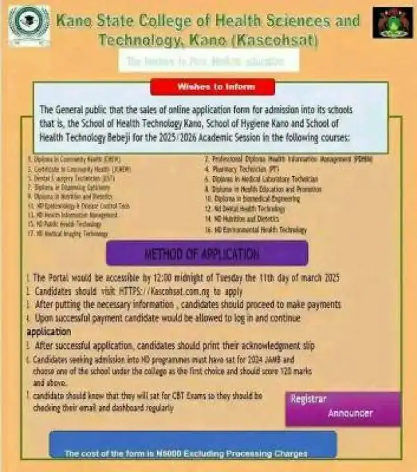Kano College of Health Science & Tech releases admission form, 2025/2026