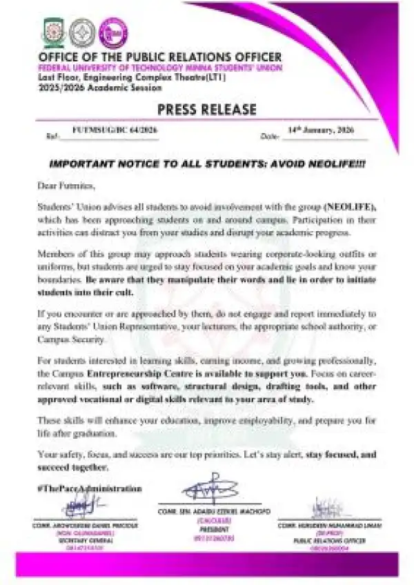 FUTMinna SUG notice to students
