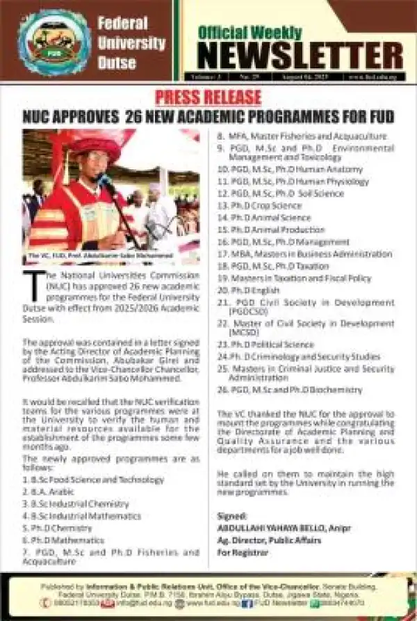 FUDUTSE gets NUC accreditation for 26 programmes