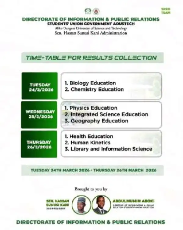 ADUSTECH SUG notice on collection of results for Faculty of Education