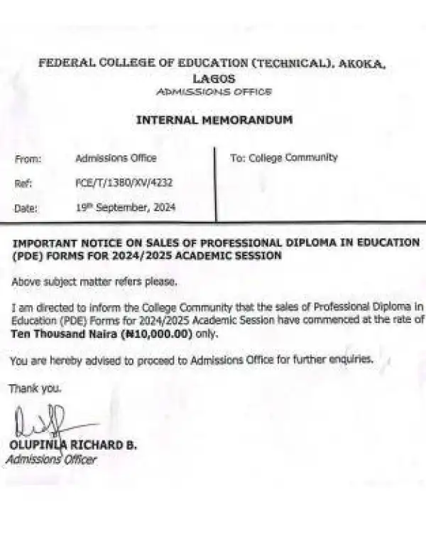 FCE (Technical) Akoka sales of PDE forms, 2024/2025