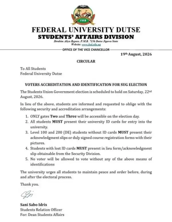 FUDUTSE notice on voters’ accreditation and identification for SUG elections